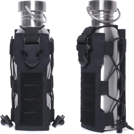 Black Adjustable Tactical Water Bottle Pouch - Multi-Functional MOLLE Compatible Accessory Bag for Hiking & Outdoor Survival.