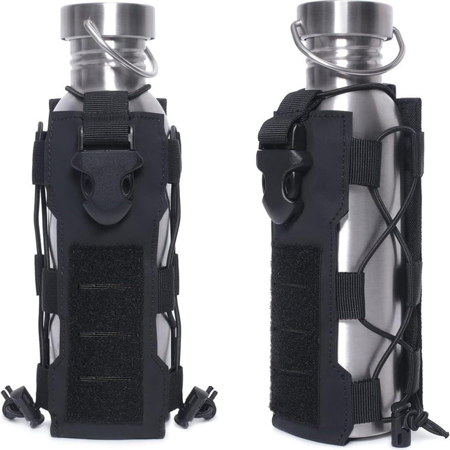 Black Adjustable Tactical Water Bottle Pouch - Multi-Functional MOLLE Compatible Accessory Bag for Hiking & Outdoor Survival.