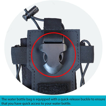 Black Adjustable Tactical Water Bottle Pouch - Multi-Functional MOLLE Compatible Accessory Bag for Hiking & Outdoor Survival.