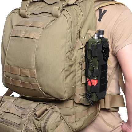 Black Adjustable Tactical Water Bottle Pouch - Multi-Functional MOLLE Compatible Accessory Bag for Hiking & Outdoor Survival.