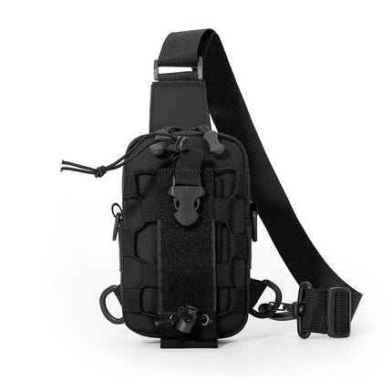 Black Outdoor Tactical Water Bottle Chest Bag - High-Capacity Phone Pouch with Expansion System for Cycling Camping and Fishing.