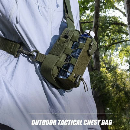 Black Outdoor Tactical Water Bottle Chest Bag - High-Capacity Phone Pouch with Expansion System for Cycling Camping and Fishing.