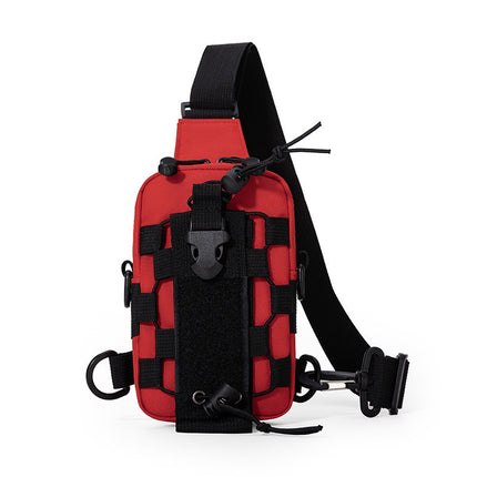 Red Outdoor Tactical Water Bottle Chest Bag - High-Capacity Phone Pouch with Expansion System for Cycling Camping and Fishing.
