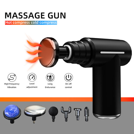 Black Lightweight Mini Hot Cold Massage Gun with 6 Heads - 6 Intensity Dual Thermal Therapy Muscle Reliever for Portable Body Recovery.