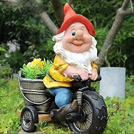 Whimsical Biking Gnome Garden Statue - Hand-Painted Resin Cycling Dwarf Sculpture for Patio, Lawn, and Outdoor Yard Decor.