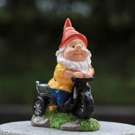 Whimsical Biking Gnome Garden Statue - Hand-Painted Resin Cycling Dwarf Sculpture for Patio, Lawn, and Outdoor Yard Decor.