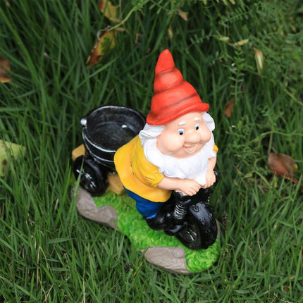 Whimsical Biking Gnome Garden Statue - Hand-Painted Resin Cycling Dwarf Sculpture for Patio, Lawn, and Outdoor Yard Decor.