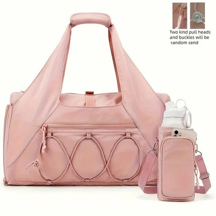 Pink High-Capacity Yoga Gym Duffel Set with Bonus Bottle Phone Pouch, Separate Shoe Compartment & Yoga Mat Strap.