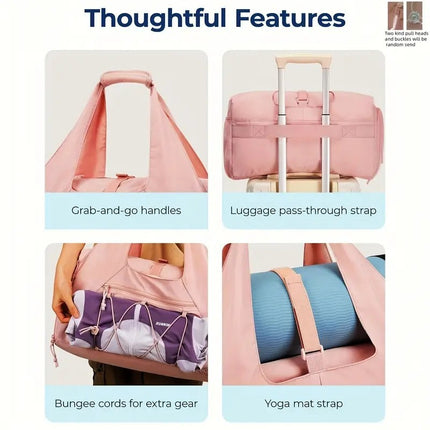 Black High-Capacity Yoga Gym Duffel Set with Bonus Bottle Phone Pouch, Separate Shoe Compartment & Yoga Mat Strap.