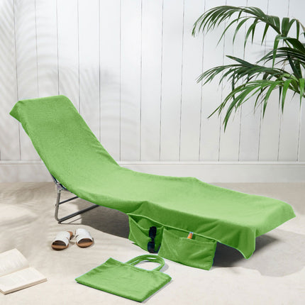 2-in-1 Green Microfiber Sun Lounger Towel & Portable Tote Bag - Sand-Free & Quick Dry Beach Chair Cover with Side Pockets (75x211cm).