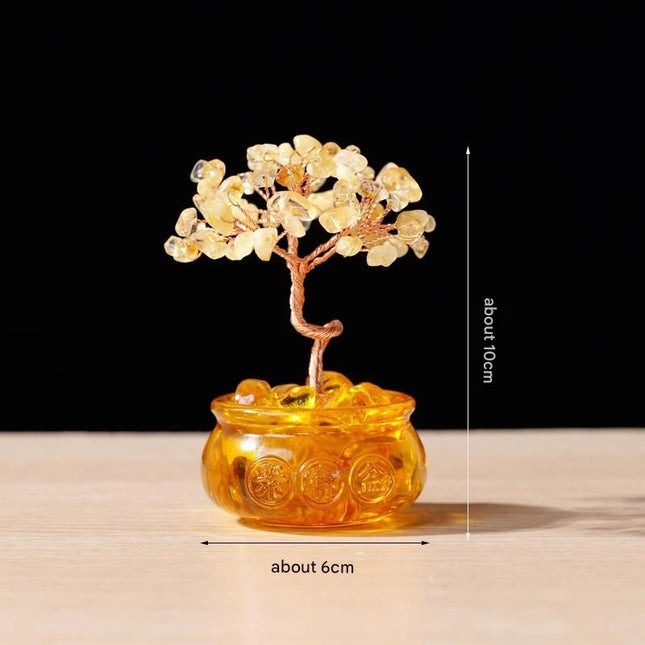 Natural Yellow Crystal Money Tree with Fortune Basin & Adjustable Wire Branches - Desktop Feng Shui Decor for Wealth and Prosperity.