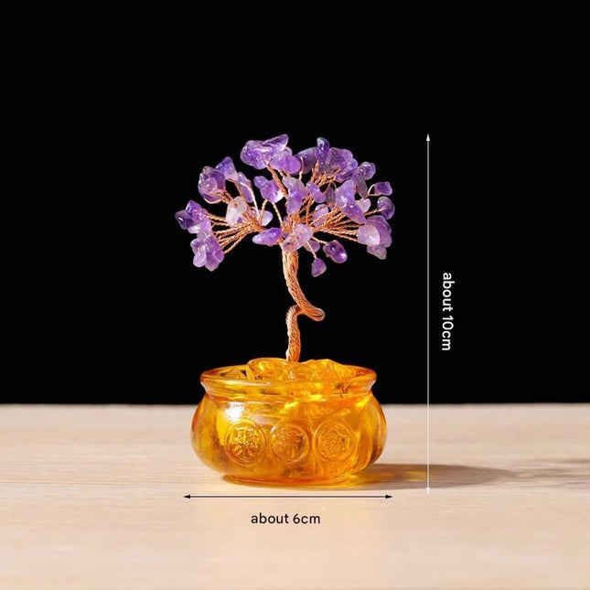 Natural Purple Crystal Money Tree with Fortune Basin & Adjustable Wire Branches - Desktop Feng Shui Decor for Wealth and Prosperity.