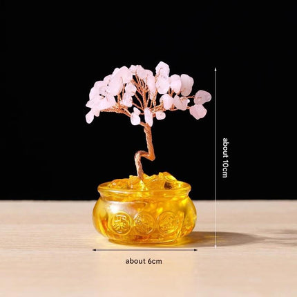 Natural Pink Crystal Money Tree with Fortune Basin & Adjustable Wire Branches - Desktop Feng Shui Decor for Wealth and Prosperity.