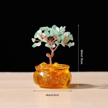 Natural Green Crystal Money Tree with Fortune Basin & Adjustable Wire Branches - Desktop Feng Shui Decor for Wealth and Prosperity.