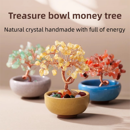 Natural Green Crystal Money Tree with Fortune Basin & Adjustable Wire Branches - Desktop Feng Shui Decor for Wealth and Prosperity.