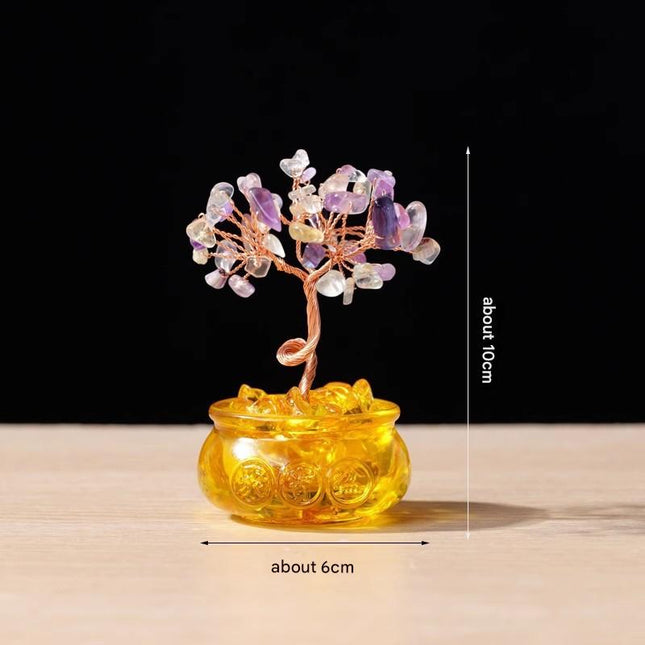 Natural Colorful Crystal Money Tree with Fortune Basin & Adjustable Wire Branches - Desktop Feng Shui Decor for Wealth and Prosperity.