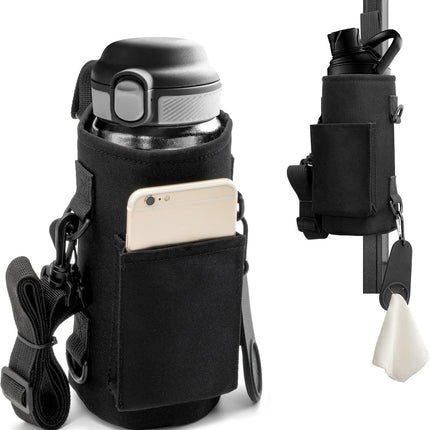 Black Magnetic Gym Water Bottle Pouch & Towel Clip with 6 High-Strength Magnets and Adjustable Strap - Fits 18oz to 40oz.
