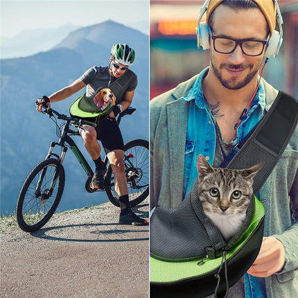 Green Hands-Free Pet Chest Carrier - Breathable Mesh Crossbody Bag for Dogs & Cats within 5KG.