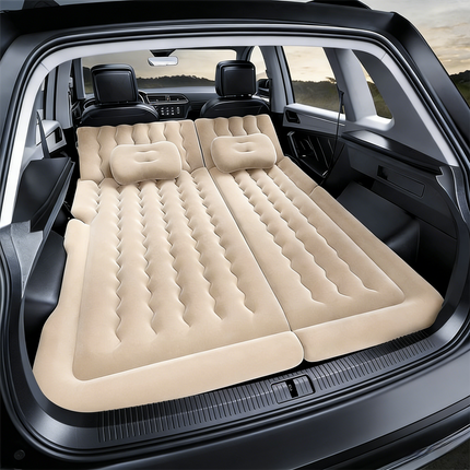 Beige Multi-Chamber Car Inflatable Air Mattress with Electric Pump, Storage Bag & Pillows for Universal Trunk Sleeping and Camping (174 x 126 CM).