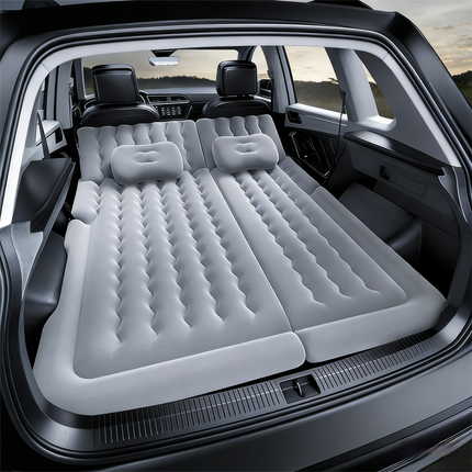 Grey Multi-Chamber Car Inflatable Air Mattress with Electric Pump, Storage Bag & Pillows for Universal Trunk Sleeping and Camping (174 x 126 CM).