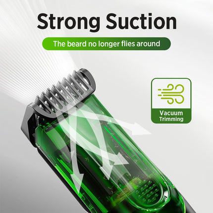 Green Beard & Hair Trimmer with Strong Vacuum Suction and Digital Display - Waterproof Rechargable Electric Clipper.