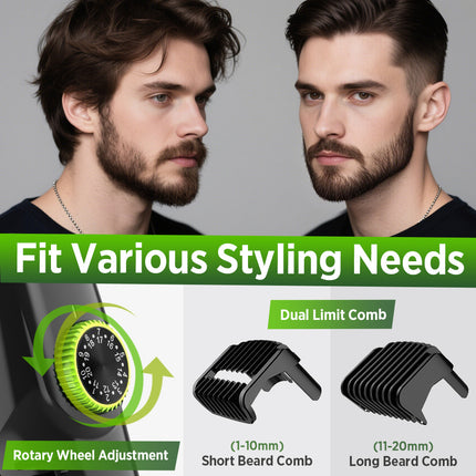 Green Beard & Hair Trimmer with Strong Vacuum Suction and Digital Display - Waterproof Rechargable Electric Clipper.