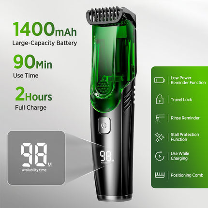 Green Beard & Hair Trimmer with Strong Vacuum Suction and Digital Display - Waterproof Rechargable Electric Clipper.