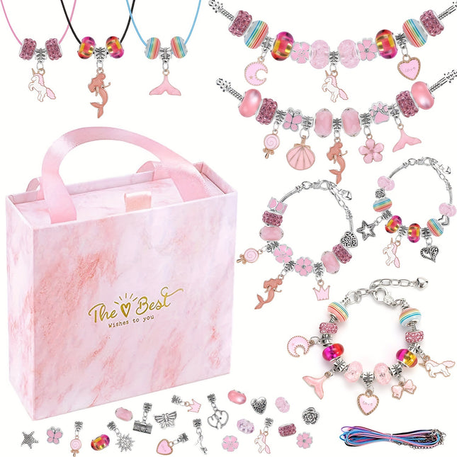 67PCS Pink DIY Charm Necklace & Bracelet Making Kit - Creative Jewelry Craft Set with Colorful Drip Oil Pendants & Metal Beads.