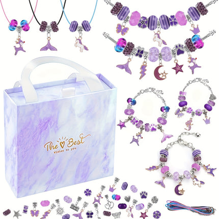 67PCS Purple DIY Charm Necklace & Bracelet Making Kit - Creative Jewelry Craft Set with Colorful Drip Oil Pendants & Metal Beads.