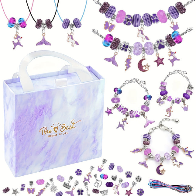 67PCS Purple DIY Charm Necklace & Bracelet Making Kit - Creative Jewelry Craft Set with Colorful Drip Oil Pendants & Metal Beads.