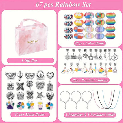67PCS Purple DIY Charm Necklace & Bracelet Making Kit - Creative Jewelry Craft Set with Colorful Drip Oil Pendants & Metal Beads.