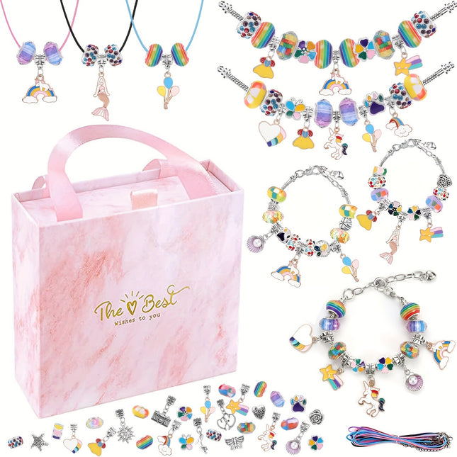 67PCS Colorful DIY Charm Necklace & Bracelet Making Kit - Creative Jewelry Craft Set with Colorful Drip Oil Pendants & Metal Beads.