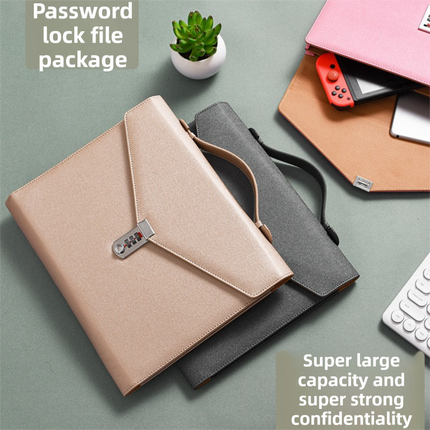 Black Anti-Theft Document Organizer with Secure Password Lock - Waterproof PU Leather Confidential File Bag.