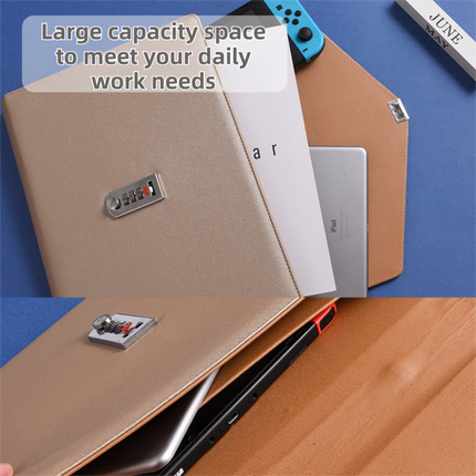 Black Anti-Theft Document Organizer with Secure Password Lock - Waterproof PU Leather Confidential File Bag.