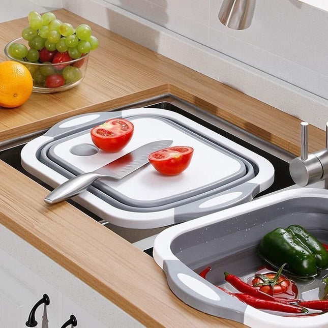3-in-1 Grey Collapsible Cutting Board & Drain Basin & Storage Tub - Portable Multifunctional Food Grade Storage Basket(37x27x12cm).
