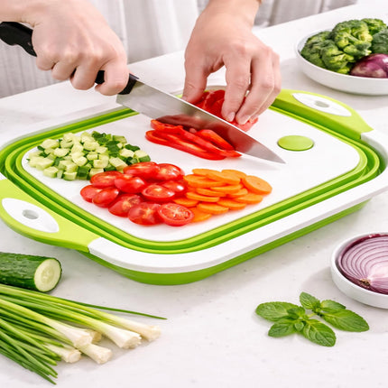 3-in-1 Green Collapsible Cutting Board & Drain Basin & Storage Tub - Portable Multifunctional Food Grade Storage Basket(37x27x12cm).