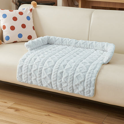 Blue Pet Sofa Protector & Calming Bolster Bed with Cable Knit - 75x75CM Thickened Non Slip Furniture Cover for Cats & Dogs.