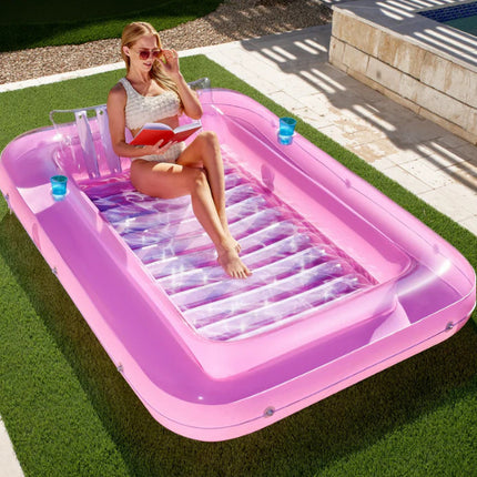 180x118CM Pink Transparent Inflatable Suntan Tub & Floating Pool Lounger with Dual Integrated Cup Holders and Pillow - Portable Sunbathing Pool for Lawn & Water.