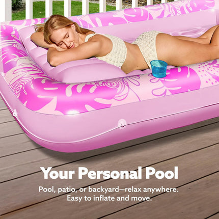 180x118CM Pink Transparent Inflatable Suntan Tub & Floating Pool Lounger with Dual Integrated Cup Holders and Pillow - Portable Sunbathing Pool for Lawn & Water.