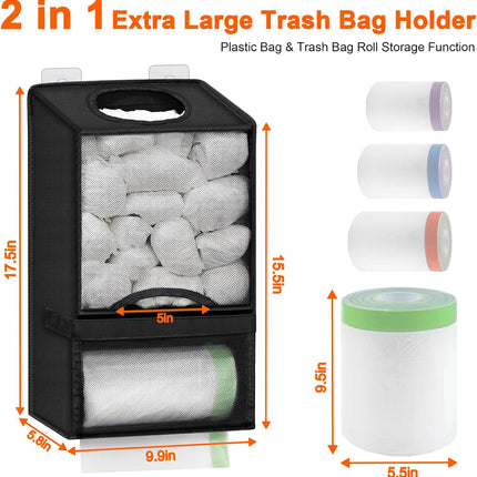2-in-1 Black Kitchen Plastic Bag & Trash Bag Roll Dispenser(2 Pack) - Hanging Grocery & Produce Bag Organizer (17.5x9.9x5.8 inch).