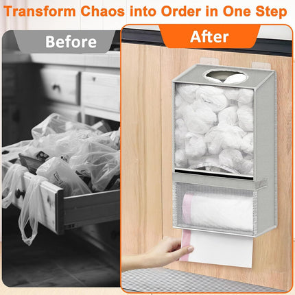 2-in-1 Black Kitchen Plastic Bag & Trash Bag Roll Dispenser(2 Pack) - Hanging Grocery & Produce Bag Organizer (17.5x9.9x5.8 inch).