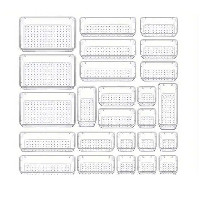 25PCS Transparent Stackable Organizer Set - 4-Size Versatile Desktop & Drawer Divider.