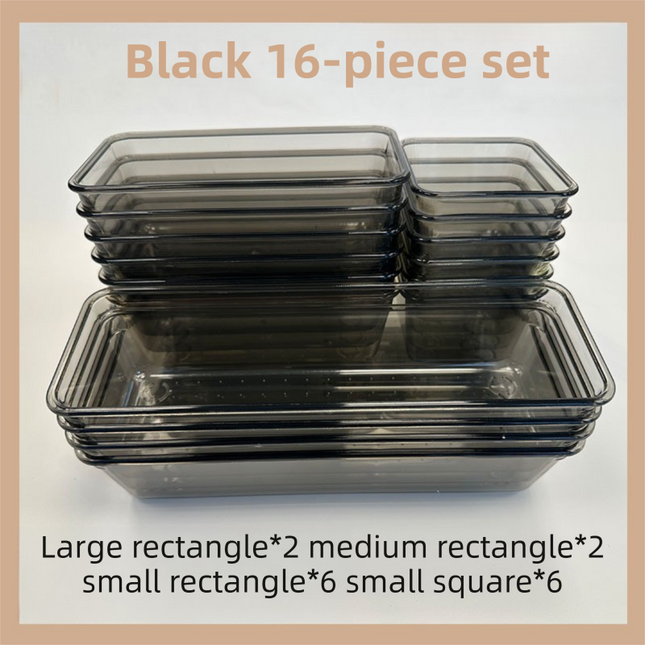 16PCS Black Transparent Stackable Organizer Set - 4-Size Versatile Desktop & Drawer Divider.