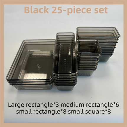25PCS Black Transparent Stackable Organizer Set - 4-Size Versatile Desktop & Drawer Divider.