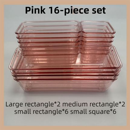 16PCS Pink Transparent Stackable Organizer Set - 4-Size Versatile Desktop & Drawer Divider.