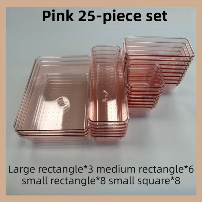 25PCS Pink Transparent Stackable Organizer Set - 4-Size Versatile Desktop & Drawer Divider.