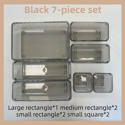 7PCS Black Transparent Stackable Organizer Set - 4-Size Versatile Desktop & Drawer Divider.