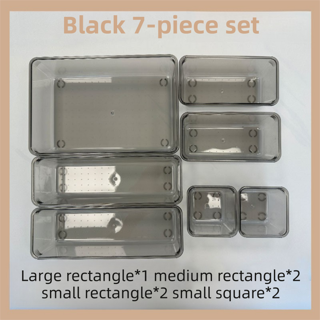 7PCS Black Transparent Stackable Organizer Set - 4-Size Versatile Desktop & Drawer Divider.