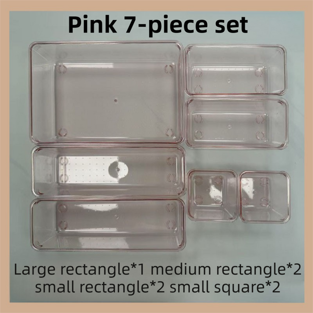 7PCS Pink Transparent Stackable Organizer Set - 4-Size Versatile Desktop & Drawer Divider.