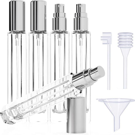 5-Piece Sliver Premium Glass Travel Perfume Atomizer Set - 10ml Portable Refillable Sprayers with Transfer Tools.